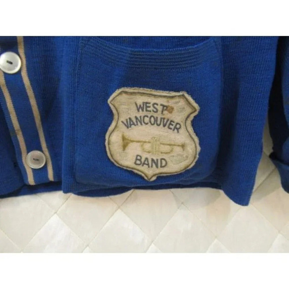 Letterman's Sweater Blue Wool Cardigan West Vancouver Band Knit BC Canada - Picture 3 of 10